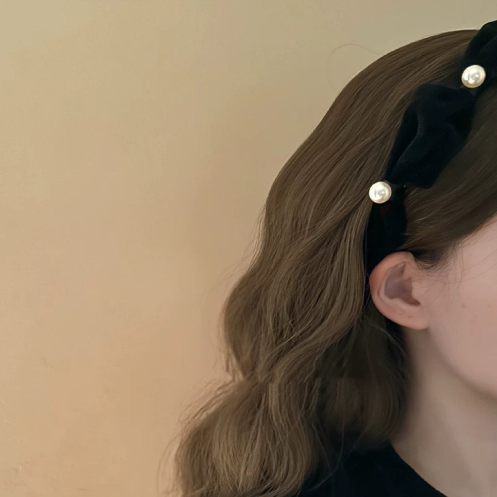 Black Velvet and Pearl Headband ブラックベルベットアンドパールカチューシャ R02073