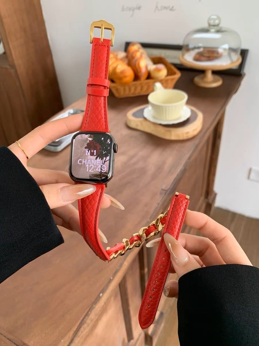 Long Chain Red Leather Apple Watch Band ロングチェーンレッドレザーApple Watchバンド R01327