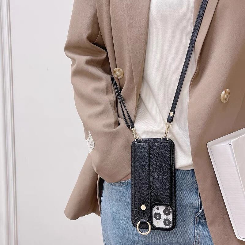 Leather Shoulder iPhone case with Strap Card Case レザーショルダースマホケースとストラップカードケース R01431