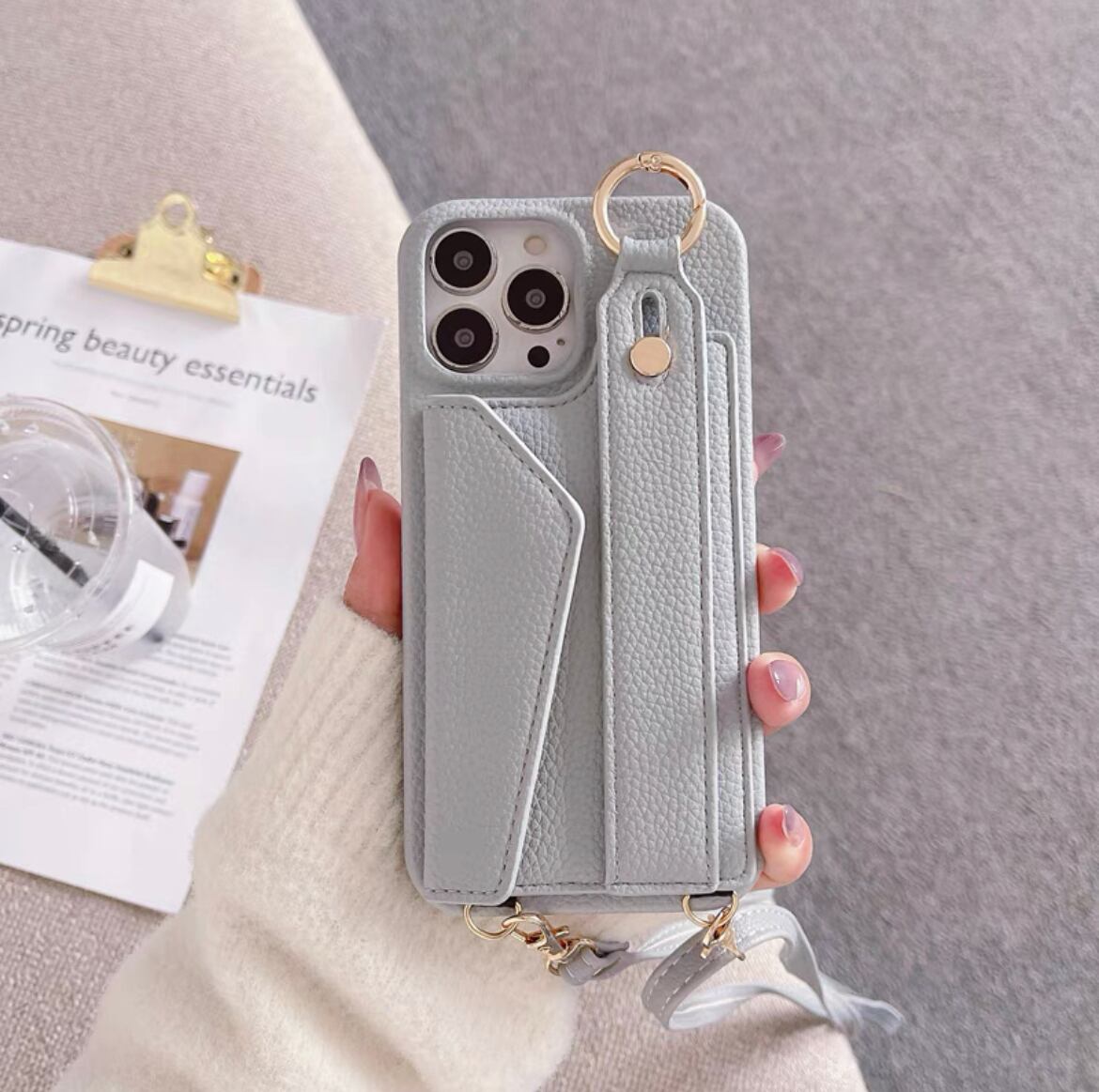 Leather Shoulder iPhone case with Strap Card Case レザーショルダースマホケースとストラップカードケース R01431