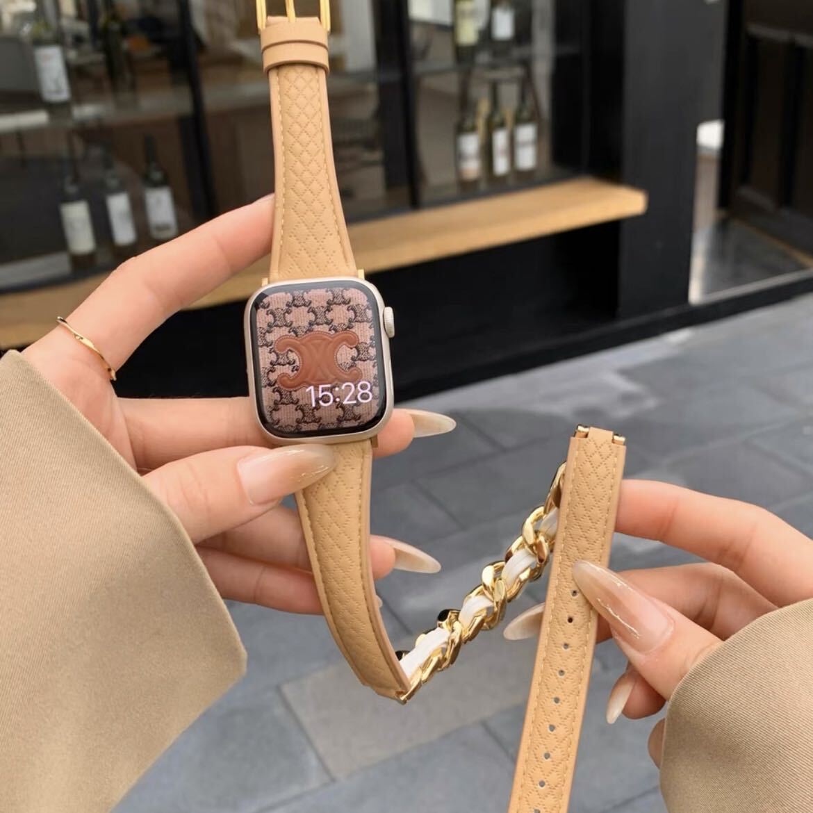 Long Chain Brown Leather Apple Watch Band ロングチェーンブラウンレザーApple Watchバンド R01324