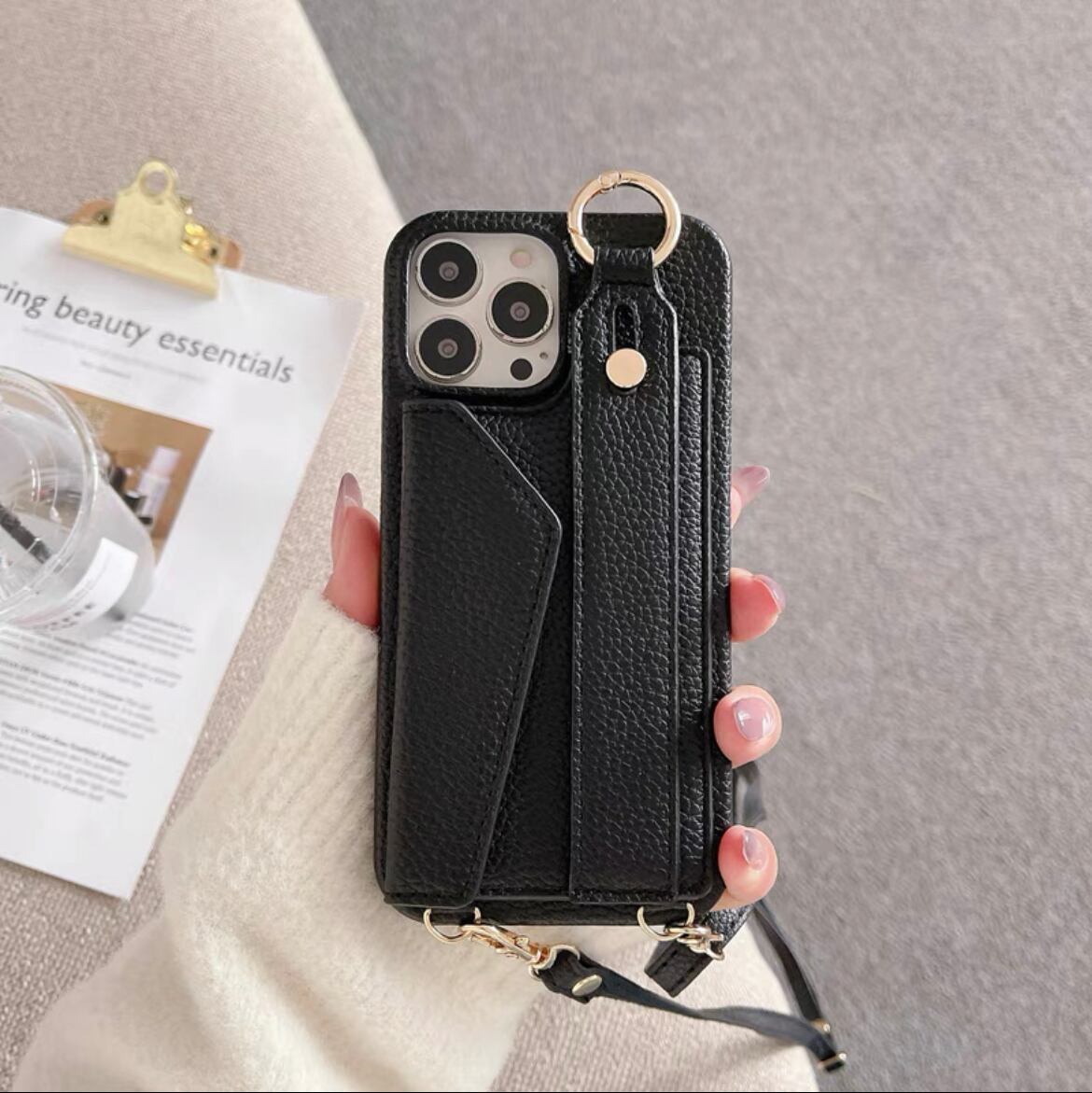 Leather Shoulder iPhone case with Strap Card Case レザーショルダースマホケースとストラップカードケース R01431