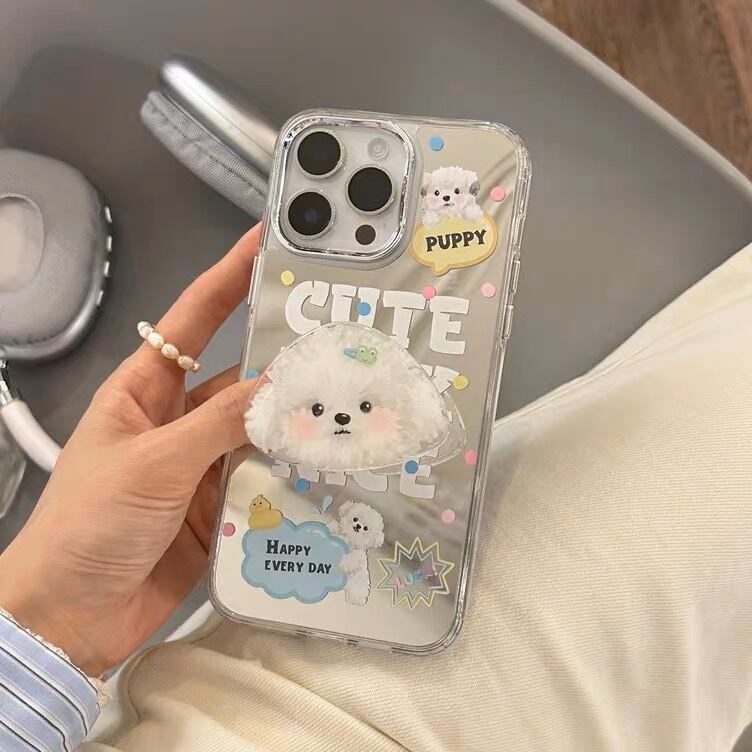 Cute Puppy stand with Mirror iPhone case 可愛い子犬スタンドとミラースマホケース R01366