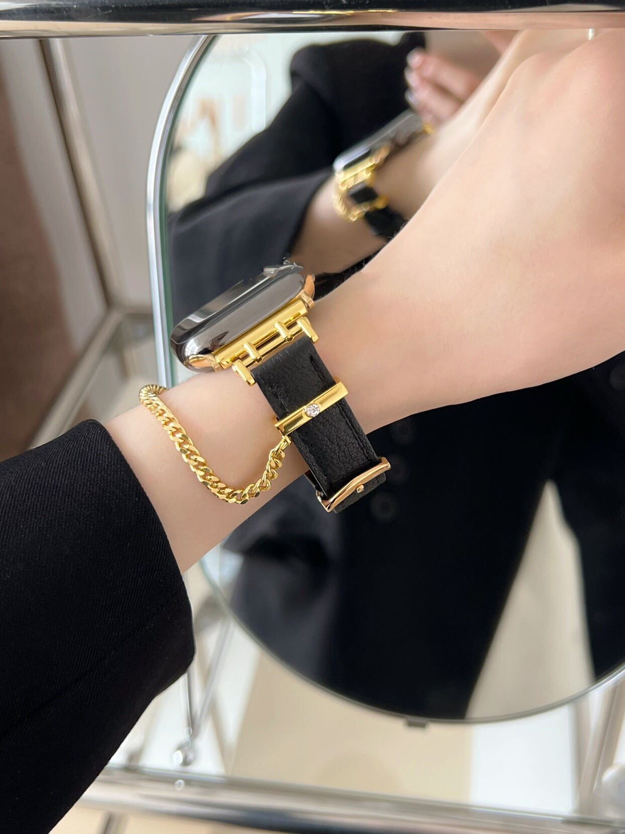 Leather & Gold Chain Apple Watch Band レザー&ゴールドチェーンApple Watchバンド R01289