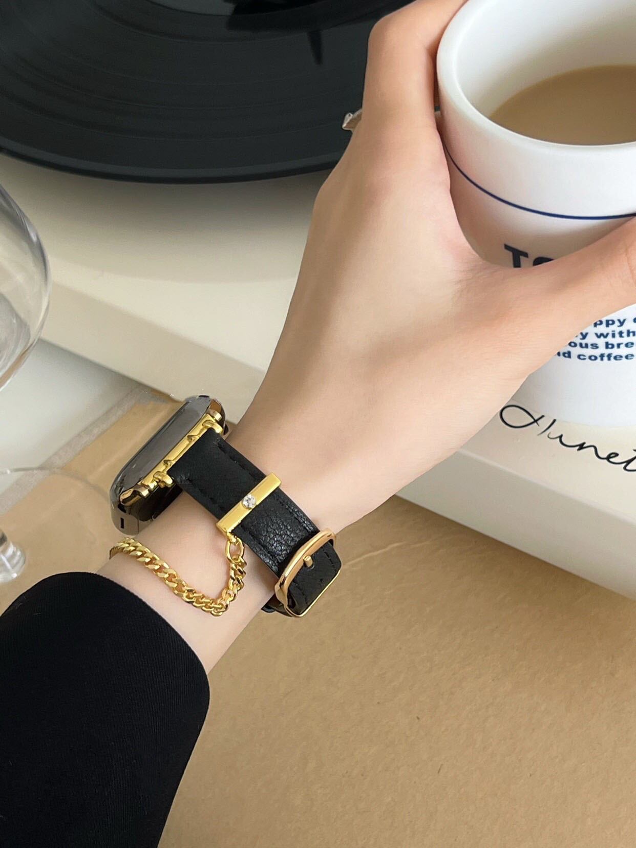 Leather & Gold Chain Apple Watch Band レザー&ゴールドチェーンApple Watchバンド R01289