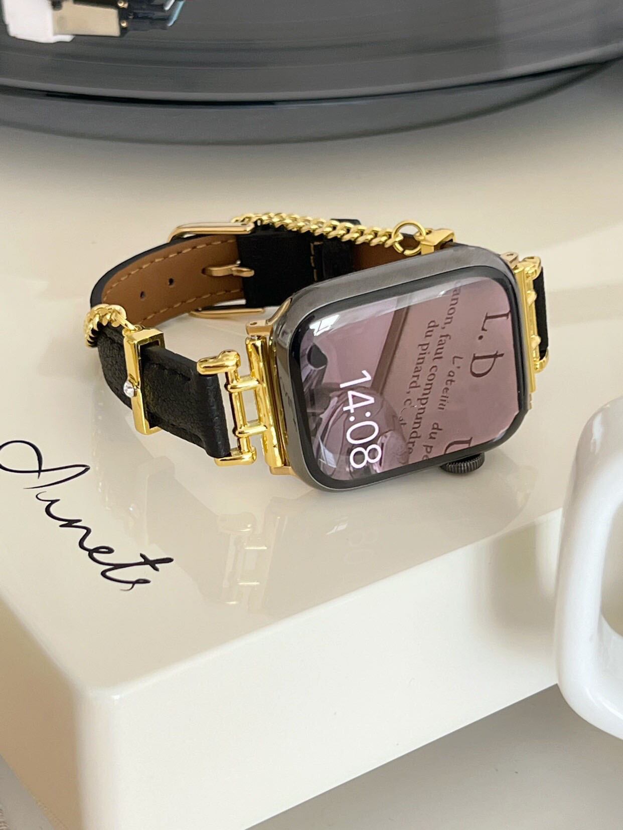 Leather & Gold Chain Apple Watch Band レザー&ゴールドチェーンApple Watchバンド R01289