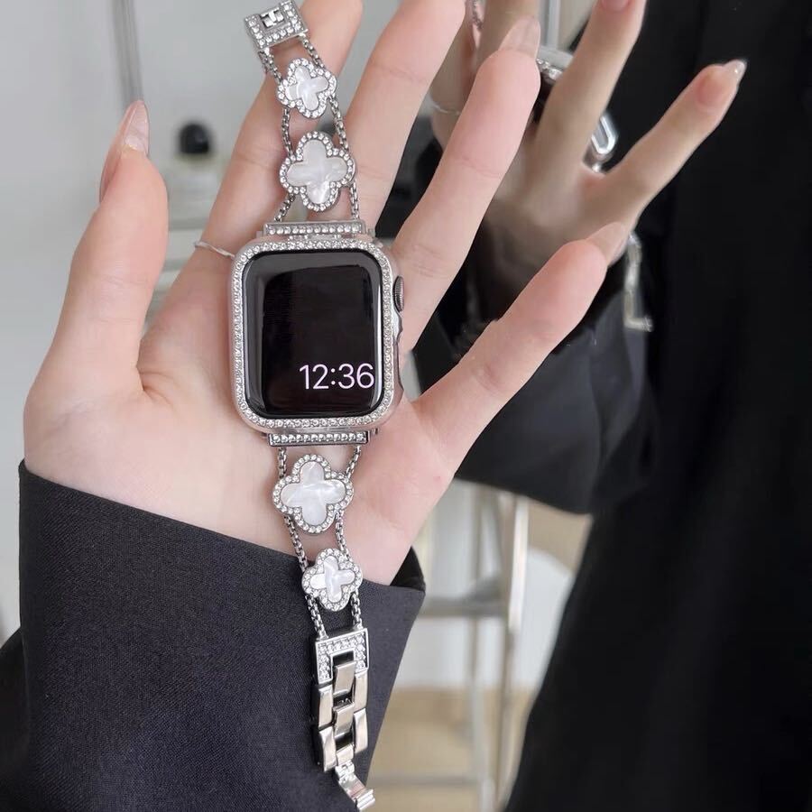 Silver×White Shining Clover Apple Watch Band キラキラクローバーApple Watchバンド R01248