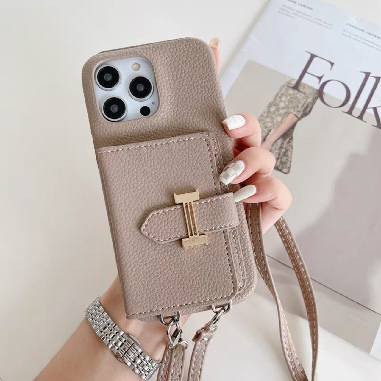 Leather Shoulder iPhone case with Strap Card Holder レザーショルダースマホケースとストラップカードホルダー R01426