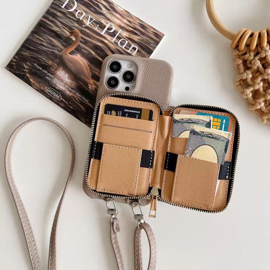 Leather Shoulder iPhone case with Big Card Holder レザーショルダースマホケースとチャック式大きなカードホルダー R01424