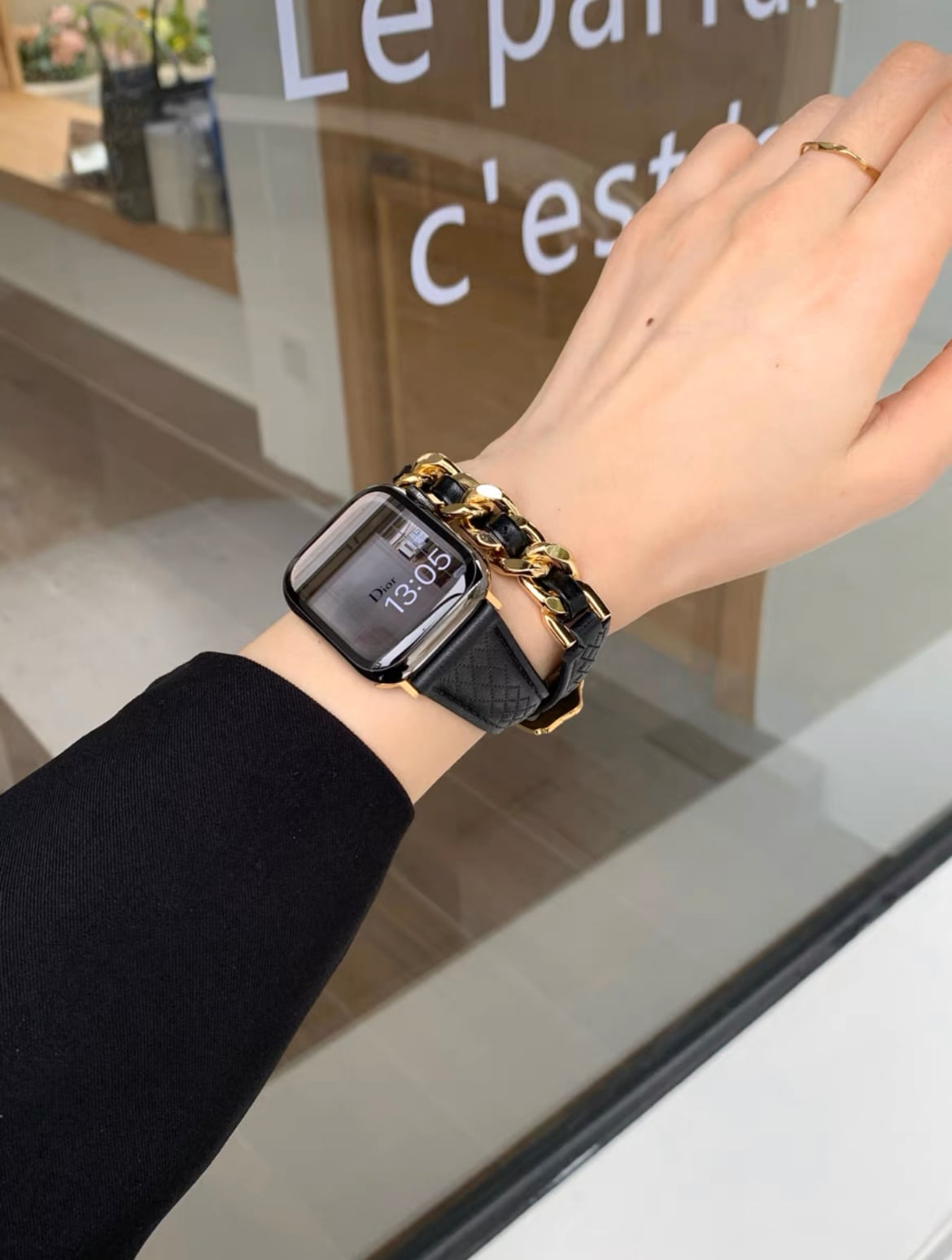 Long Chain Black Leather Apple Watch Band ロングチェーンブラックレザーApple Watchバンド R01327