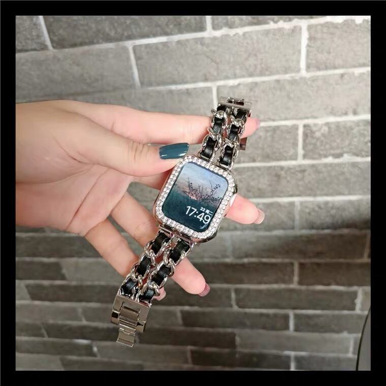 Silver Chain&Black Leather Apple Watch Bands チェーン&レザーアップルウォッチバンド AWB0018