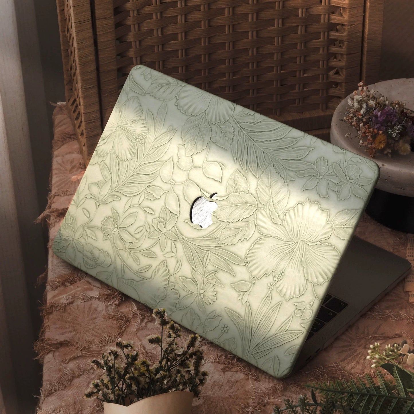 Green 3D Flower print MacBook Cover グリーン立体花柄MacBookカバー R02019