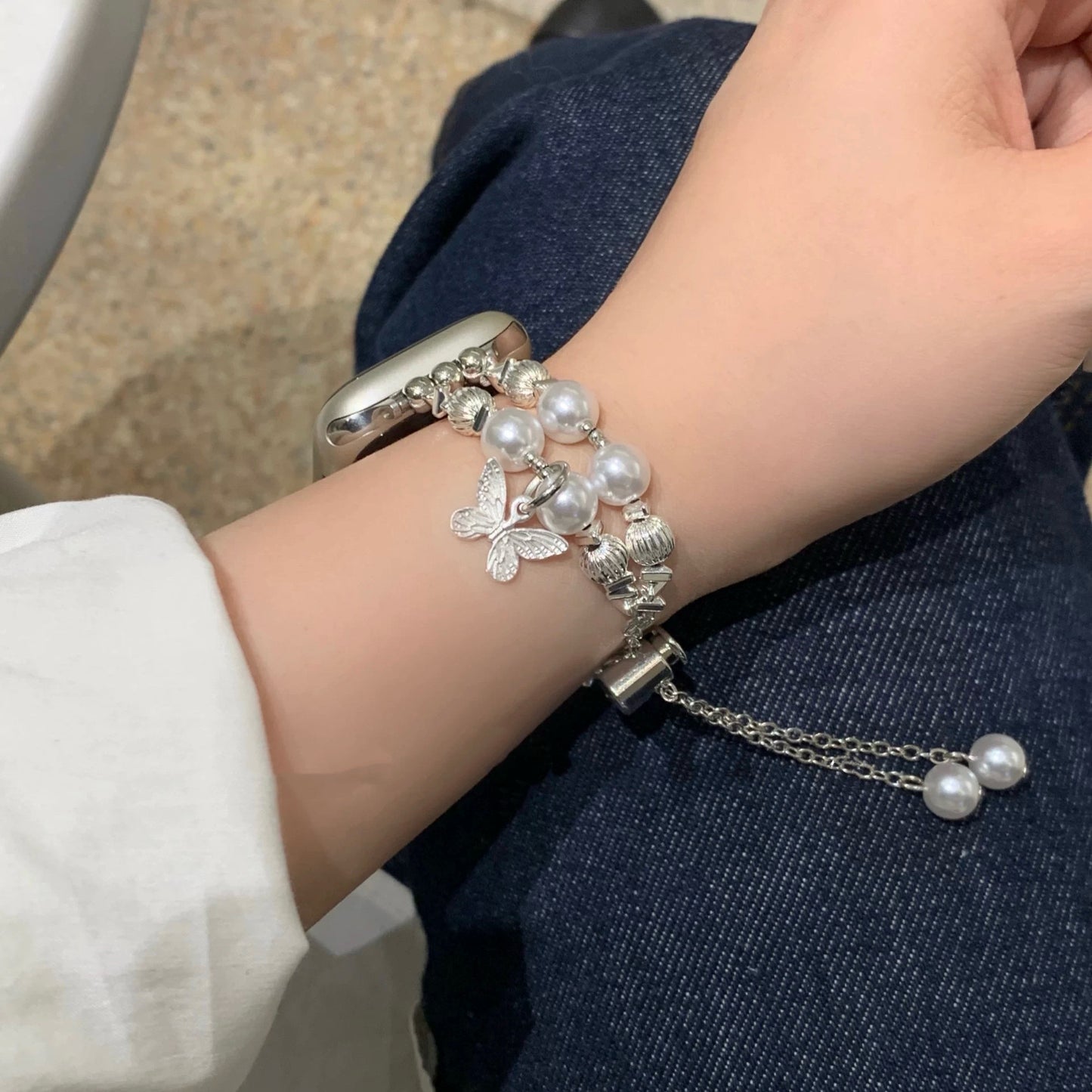 Pearl Butterfly Bracelet Apple Watch Band パールバタフライブレスレット風AppleWatchバンド R02103