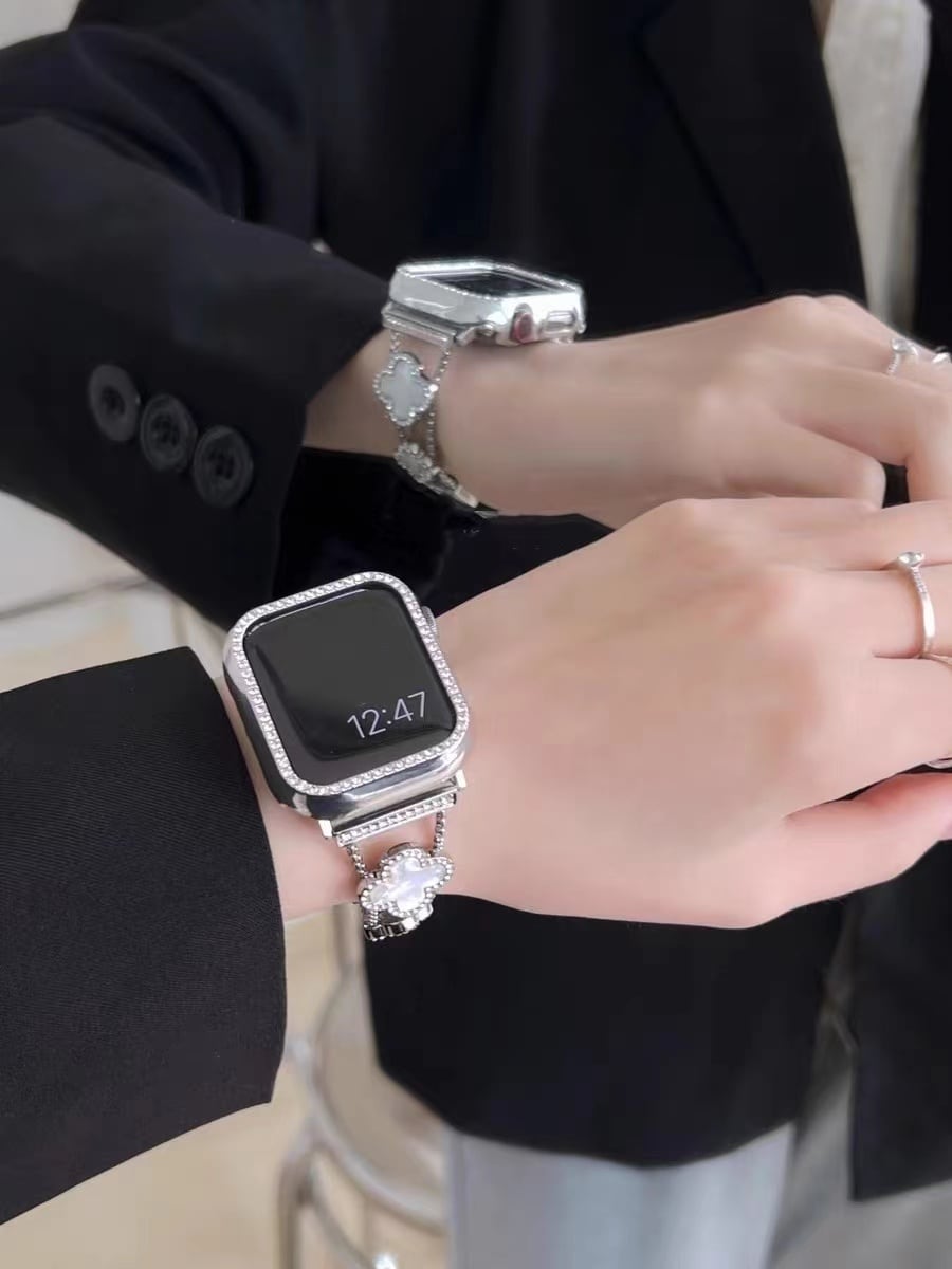 Silver×White Shining Clover Apple Watch Band キラキラクローバーApple Watchバンド R01248