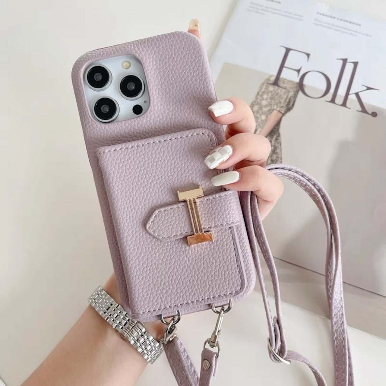 Leather Shoulder iPhone case with Strap Card Holder レザーショルダースマホケースとストラップカードホルダー R01426