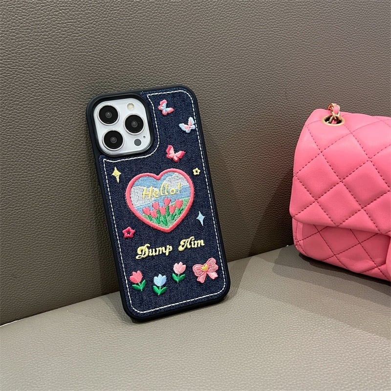 Embroider Tulip & Heart iPhone case チューリップとハートの刺繍スマホケース R01361
