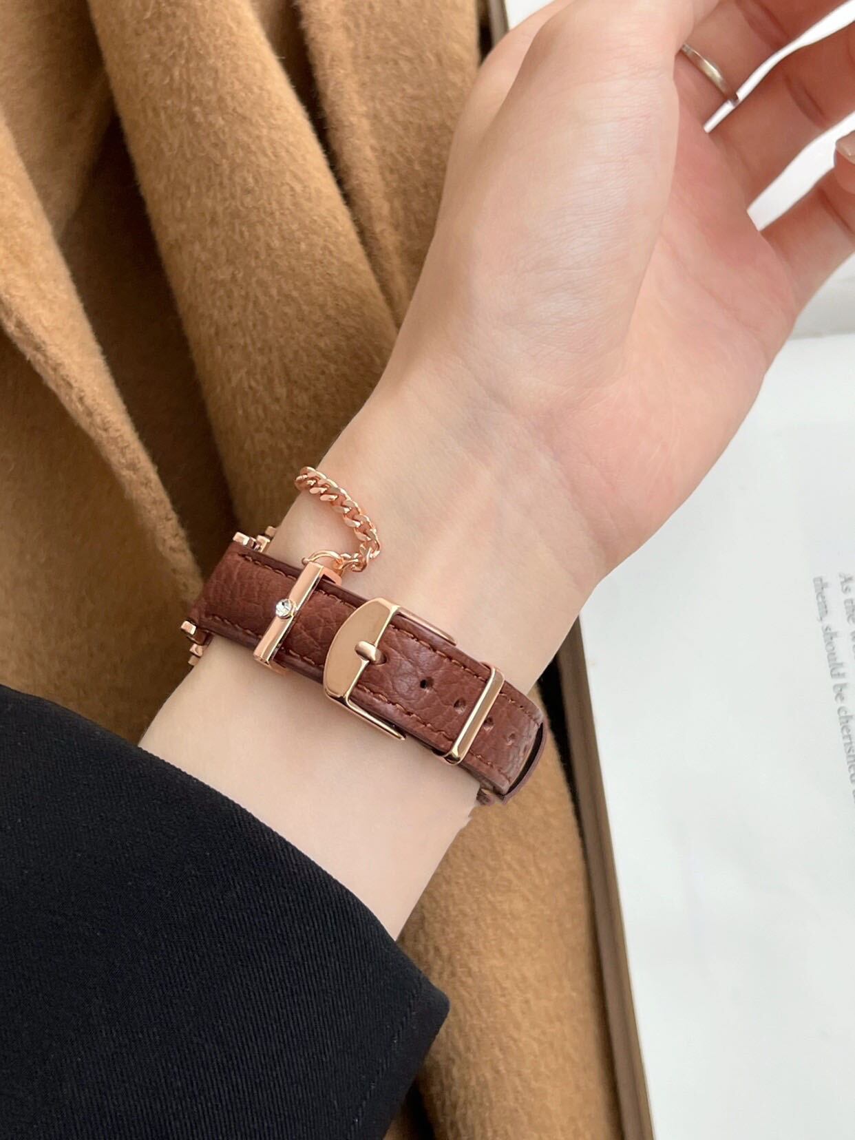 Leather & RoseGold Chain Apple Watch Band レザー&ローズゴールドチェーンApple Watchバンド R01288