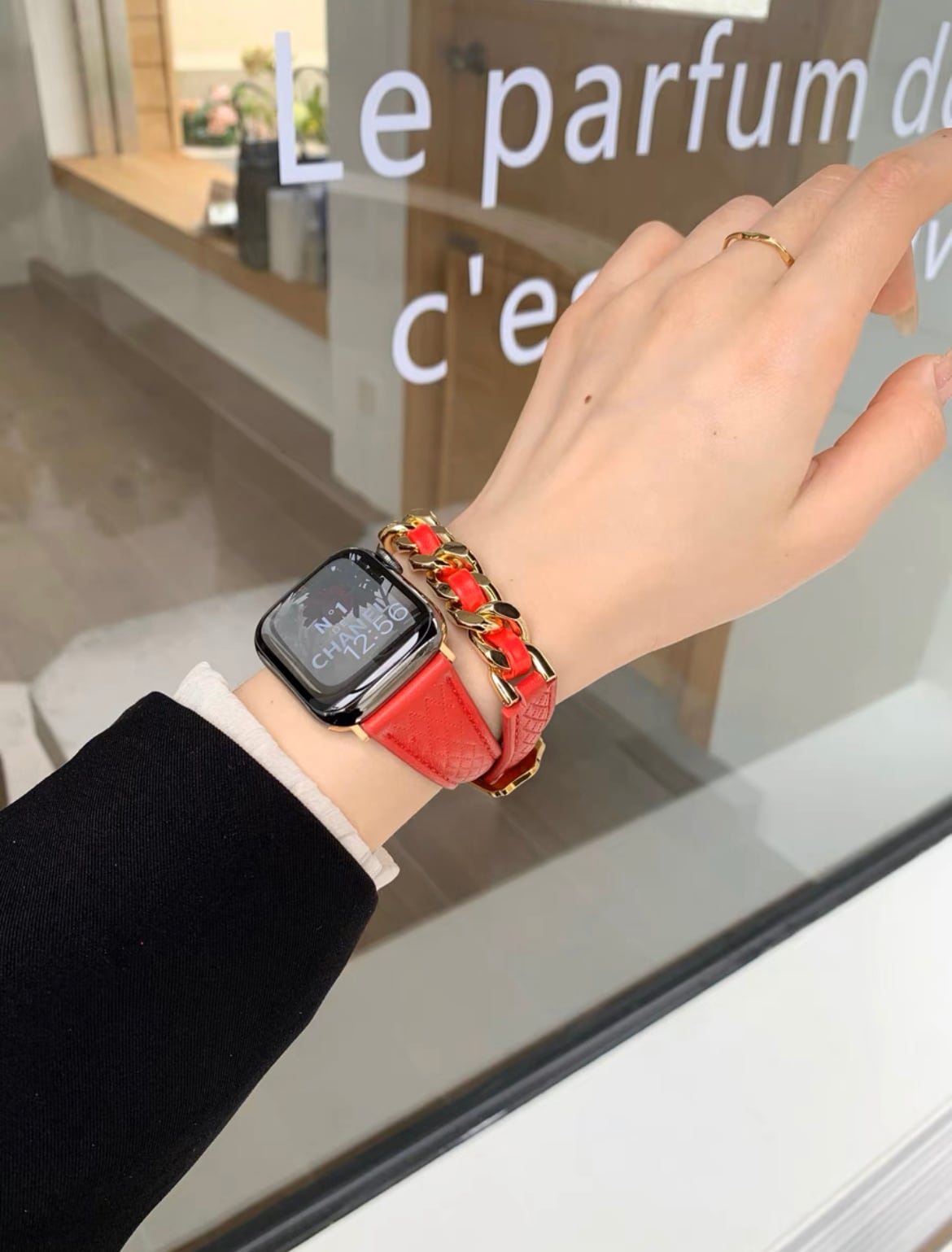 Long Chain Red Leather Apple Watch Band ロングチェーンレッドレザーApple Watchバンド R01327