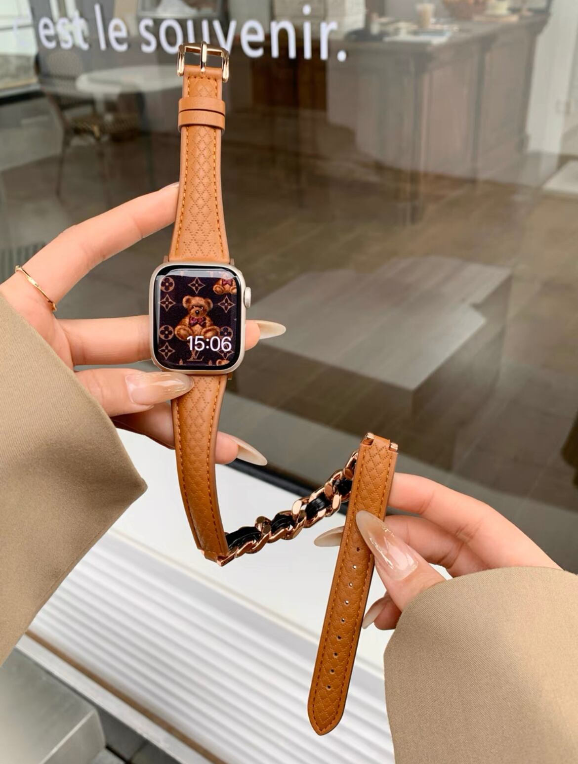 Long Chain Brown Leather Apple Watch Band ロングチェーンブラウンレザーApple Watchバンド R01324