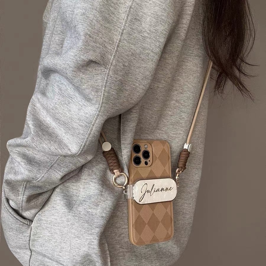 Name customise iPhone Strap with Check iPhone case ネームカスタマイズストラップとチェックスマホケース R01429