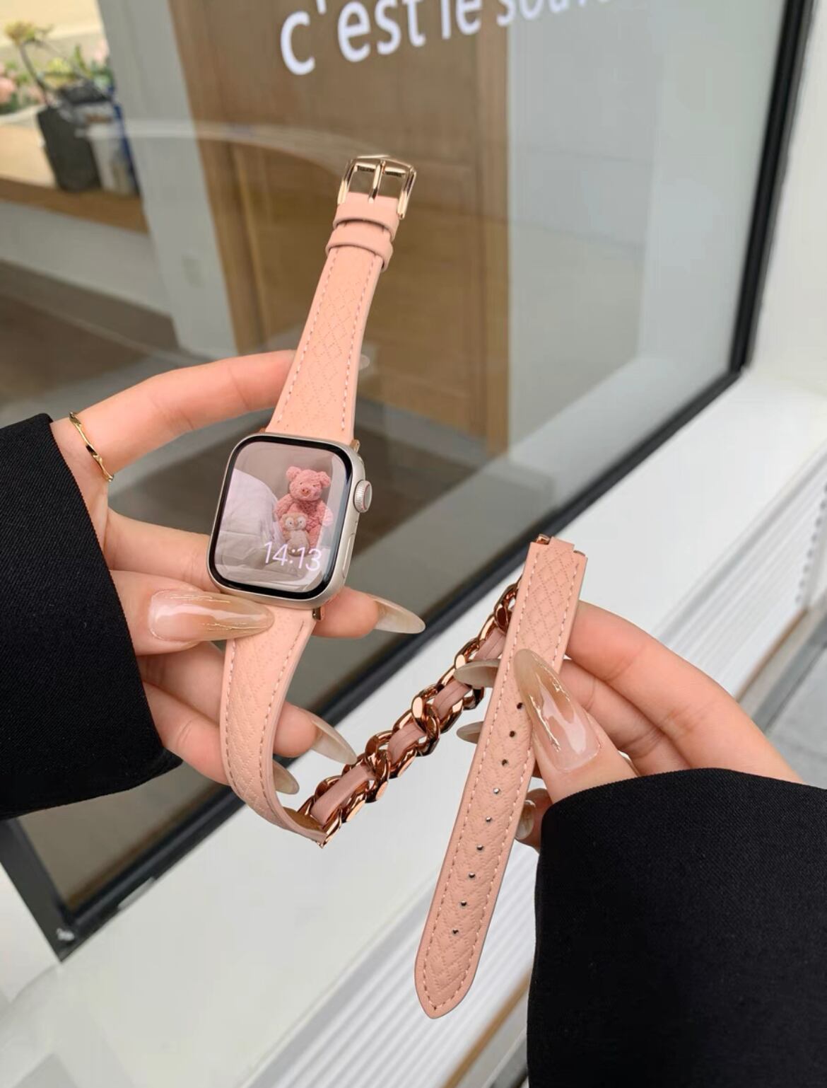Long Chain Pink Leather Apple Watch Band ロングチェーンピンクレザーApple Watchバンド R01325