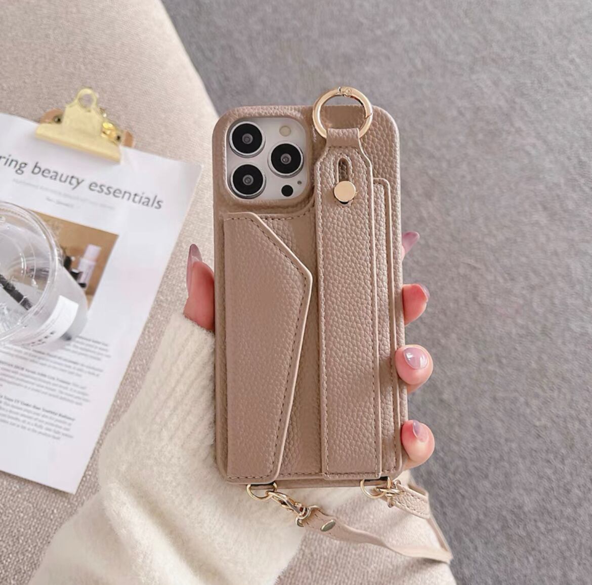 Leather Shoulder iPhone case with Strap Card Case レザーショルダースマホケースとストラップカードケース R01431