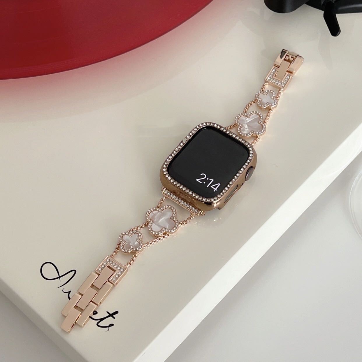 Rose Gold×White Shining Clover Apple Watch Band キラキラクローバーApple Watchバンド R01251