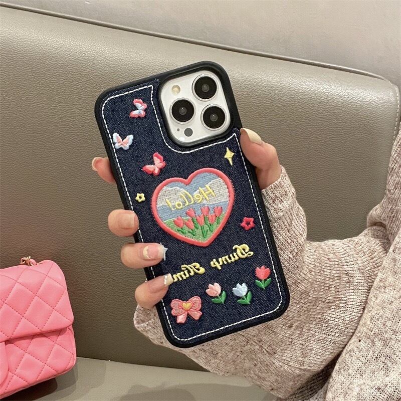 Embroider Tulip & Heart iPhone case チューリップとハートの刺繍スマホケース R01361