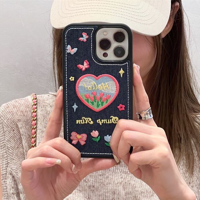 Embroider Tulip & Heart iPhone case チューリップとハートの刺繍スマホケース R01361