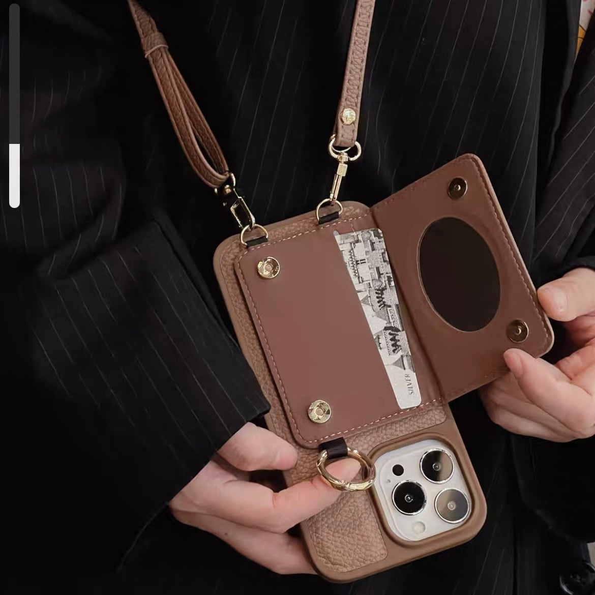 Leather Shoulder iPhone case with Card Holder レザーショルダースマホケースとカードホルダー R01422