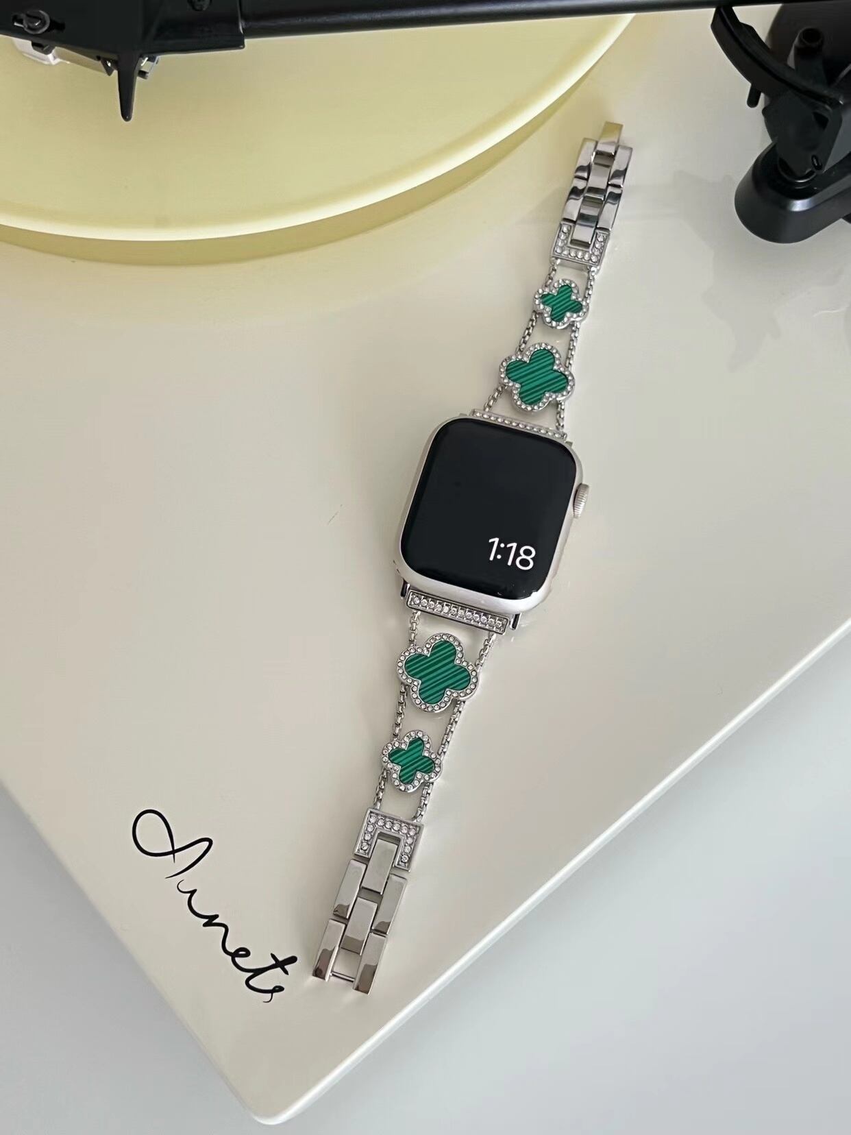 Silver×Green Shining Clover Apple Watch Band キラキラクローバーApple Watchバンド R01252