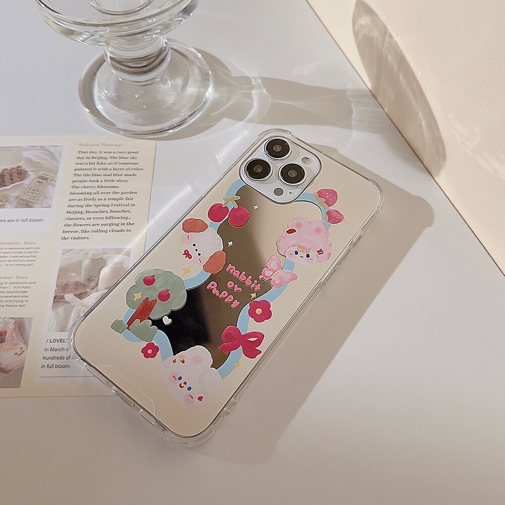Cute Rabbit &Puppy Mirror iPhone case かわいいうさぎと子犬のミラースマホケース R01356
