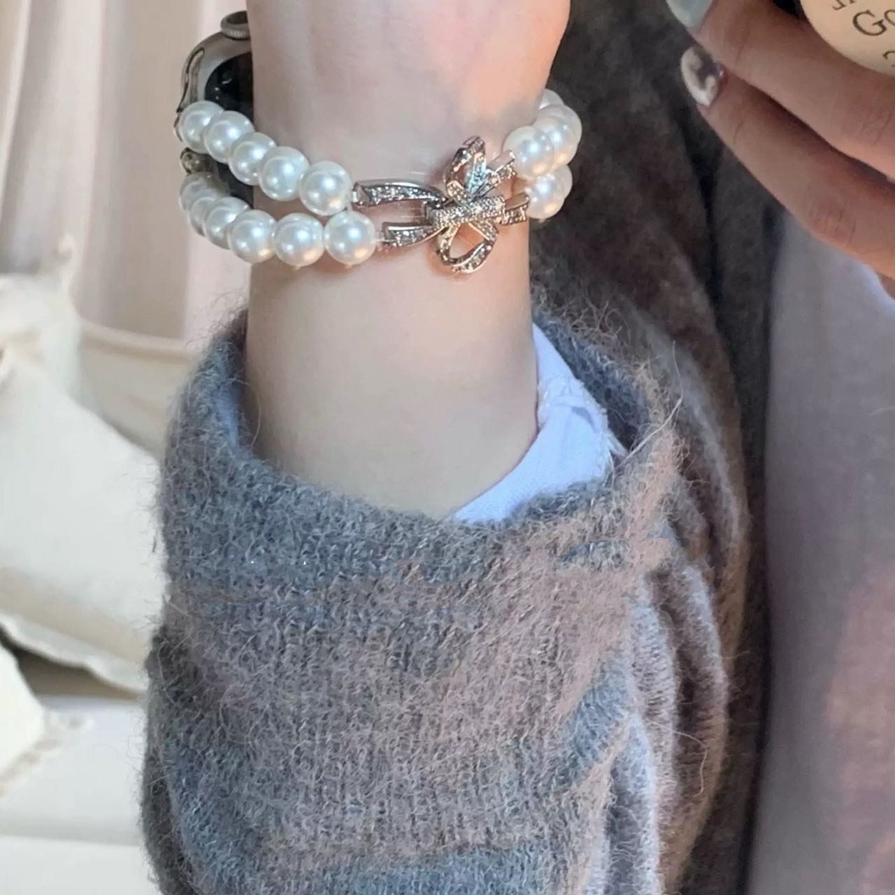 Ribbon and Pearl Apple Watch Band リボンとパールAppleWatchバンド R02043