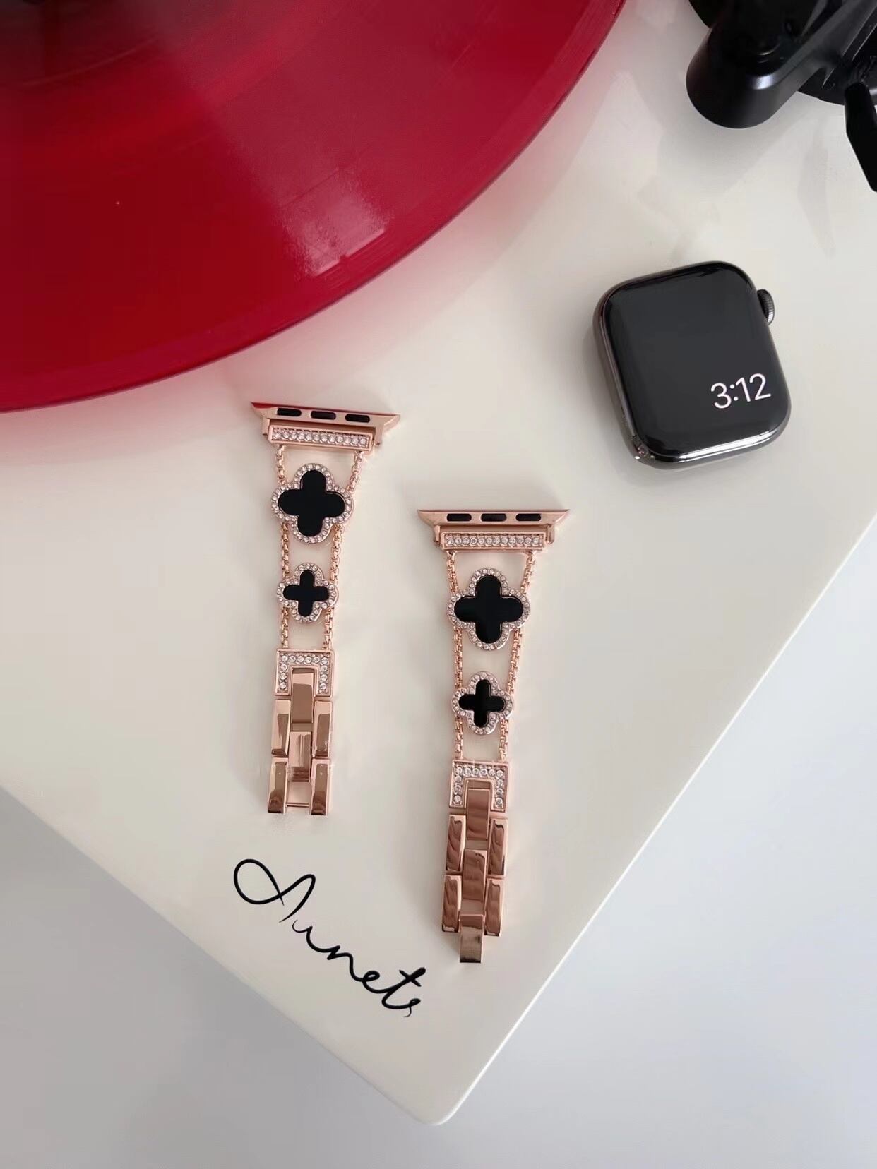 Rose Gold×Black Shining Clover Apple Watch Band キラキラクローバーApple Watchバンド R01251