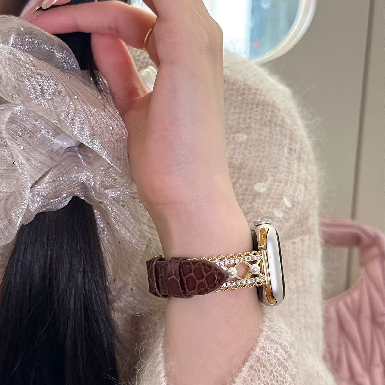 Ballet Lace Leather Style Apple Watch Band バレーレースとレザースタイルAppleWatchバンド R02160