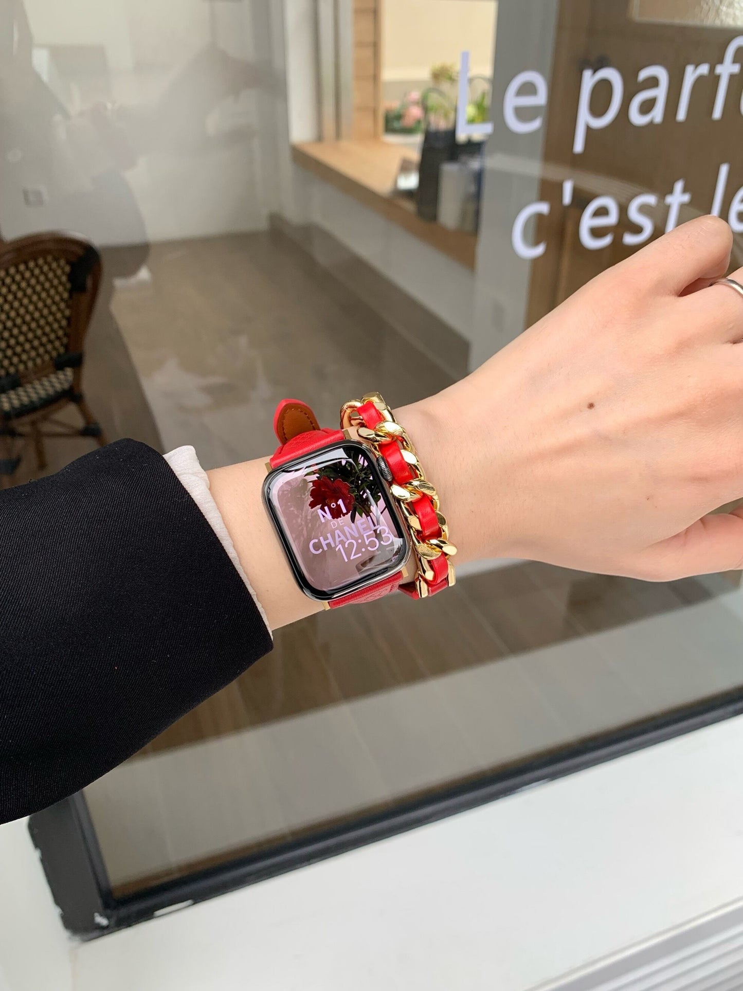 Long Chain Red Leather Apple Watch Band ロングチェーンレッドレザーApple Watchバンド R01327