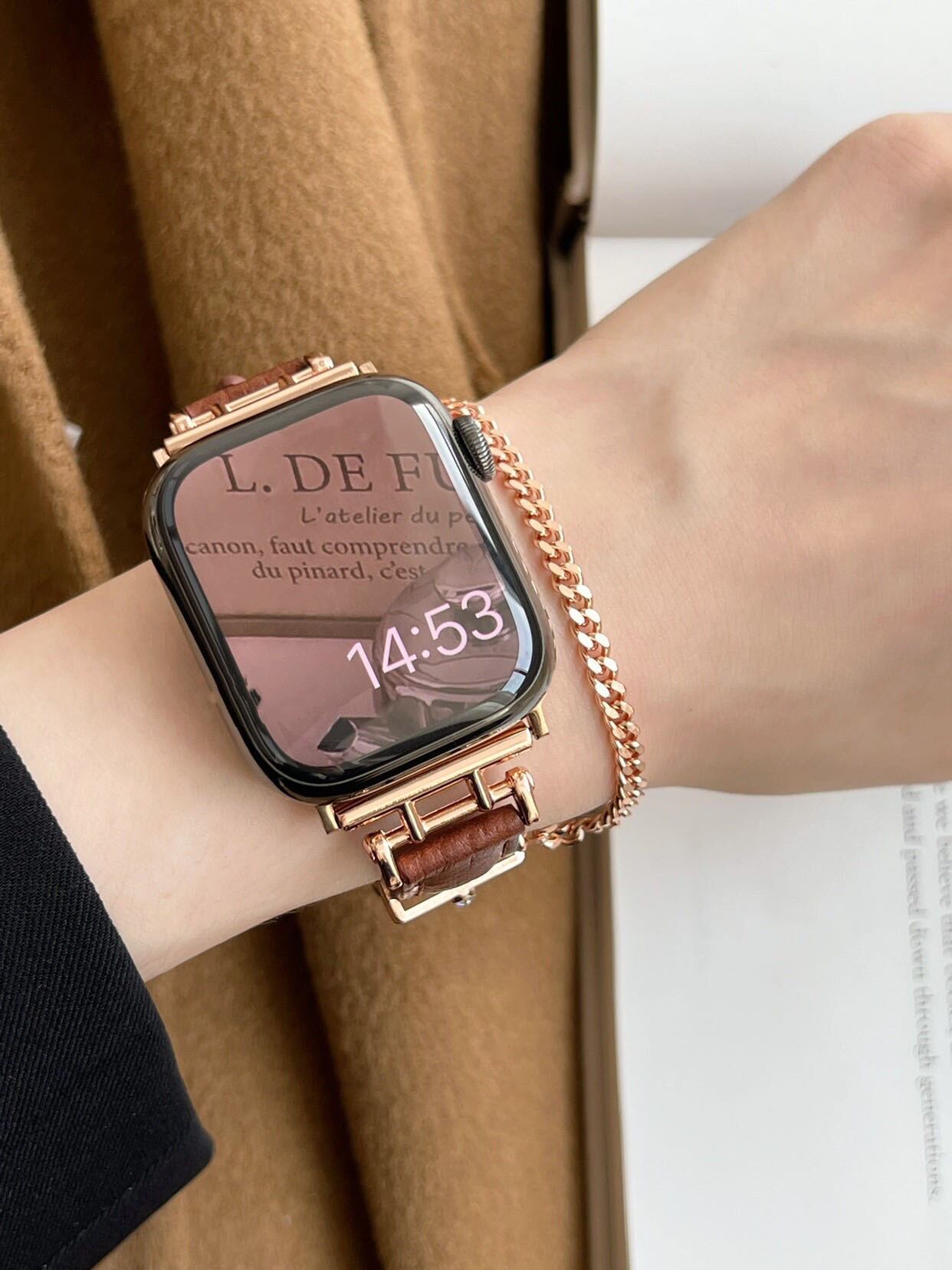 Leather & RoseGold Chain Apple Watch Band レザー&ローズゴールドチェーンApple Watchバンド R01288