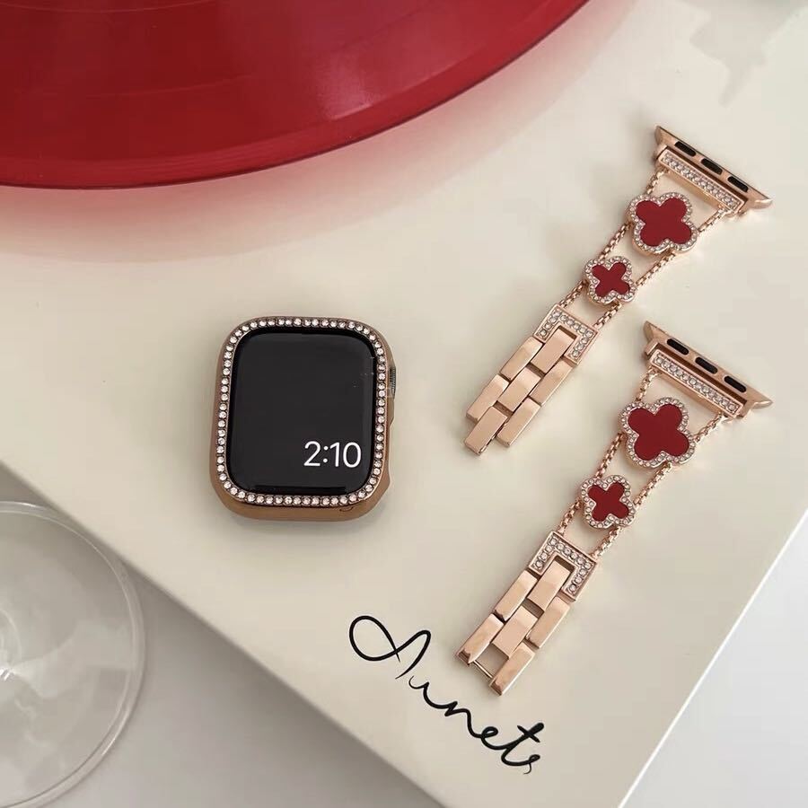 Rose Gold×Red Shining Clover Apple Watch Band キラキラクローバーApple Watchバンド R01249