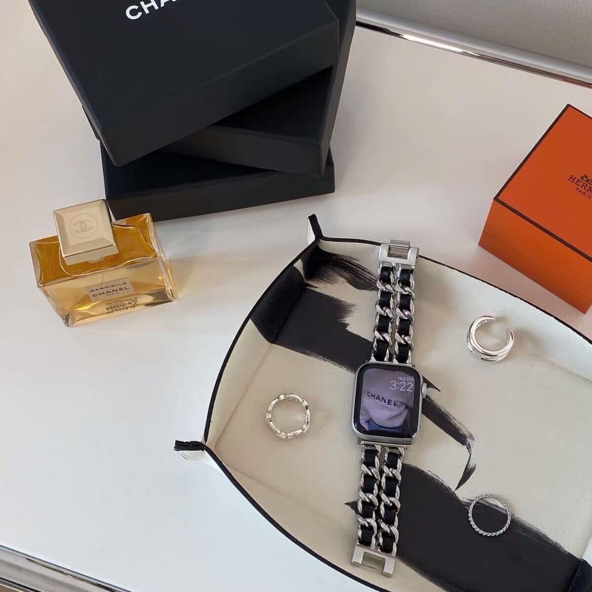 Silver Chain&Black Leather Apple Watch Bands チェーン&レザーアップルウォッチバンド AWB0018