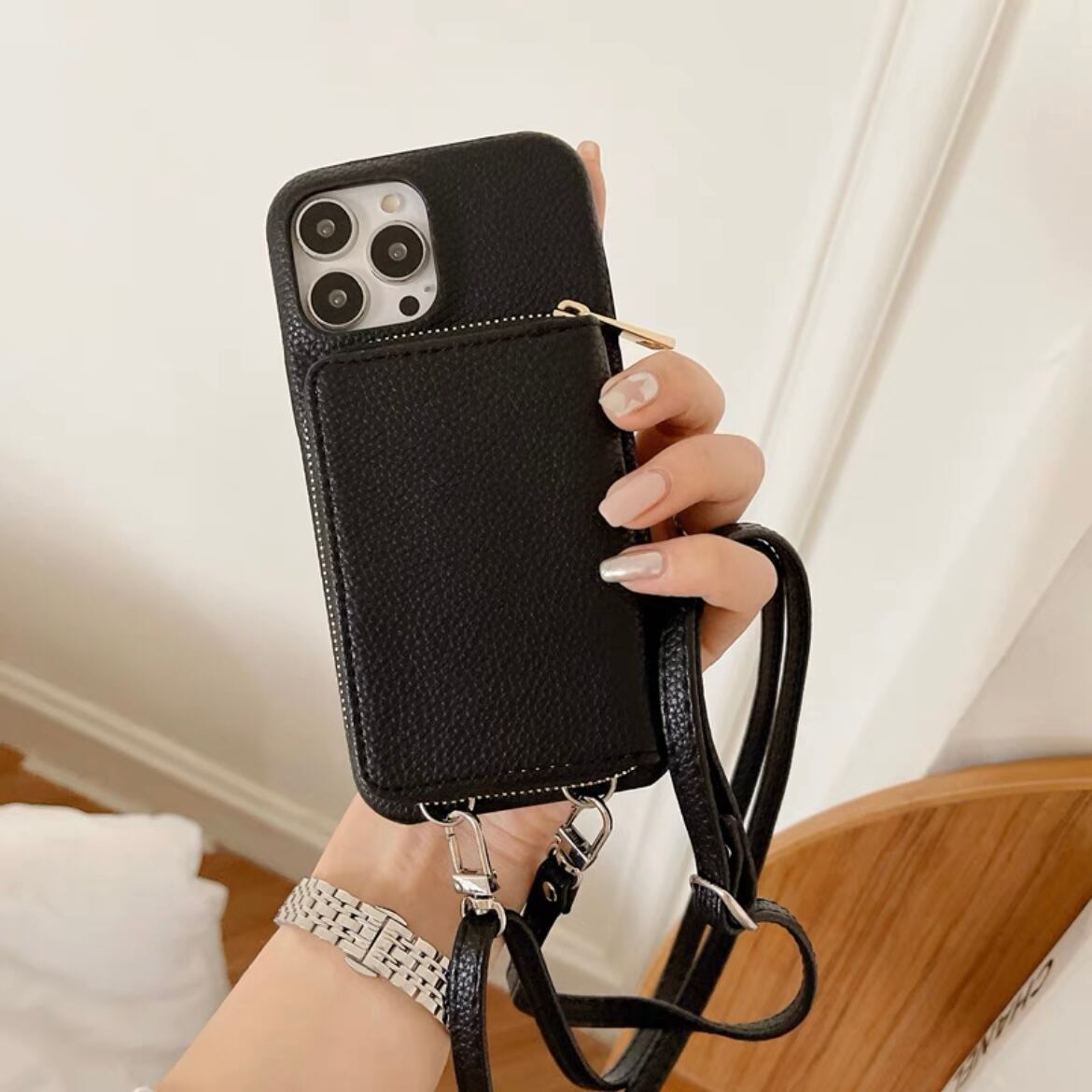 Leather Shoulder iPhone case with Big Card Holder レザーショルダースマホケースとチャック式大きなカードホルダー R01424