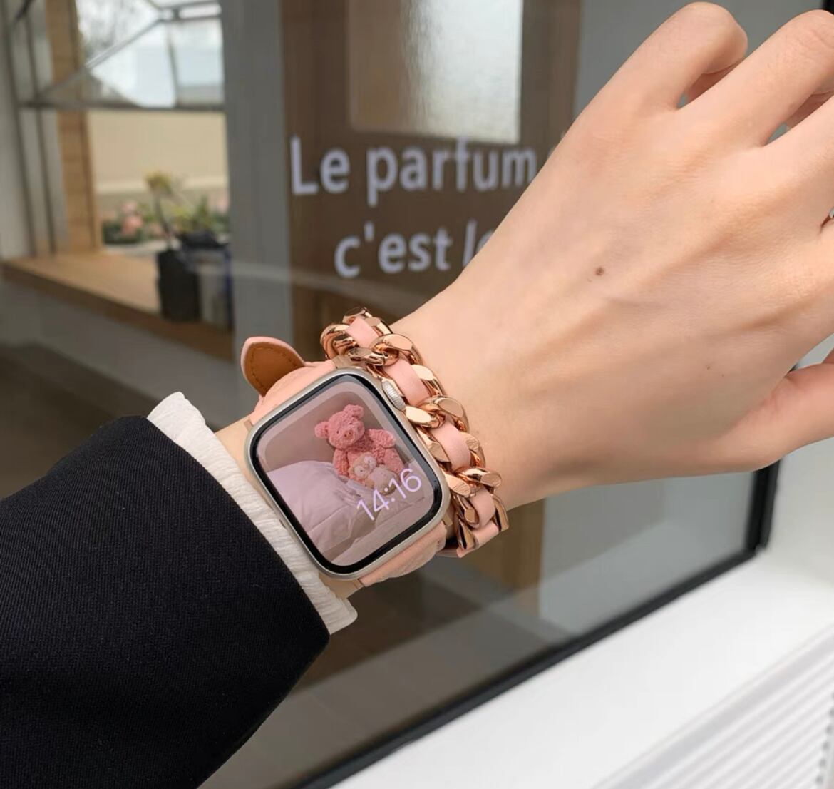 Long Chain Pink Leather Apple Watch Band ロングチェーンピンクレザーApple Watchバンド R01325