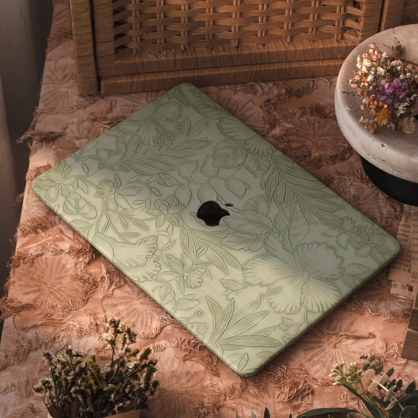 Green 3D Flower print MacBook Cover グリーン立体花柄MacBookカバー R02019