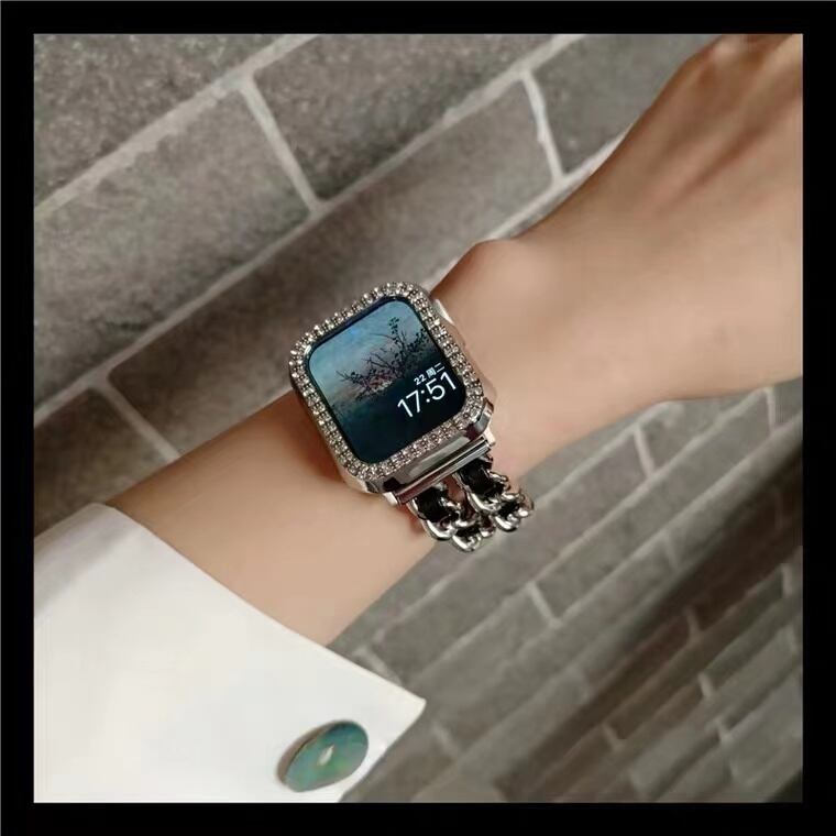 Silver Chain&Black Leather Apple Watch Bands チェーン&レザーアップルウォッチバンド AWB0018