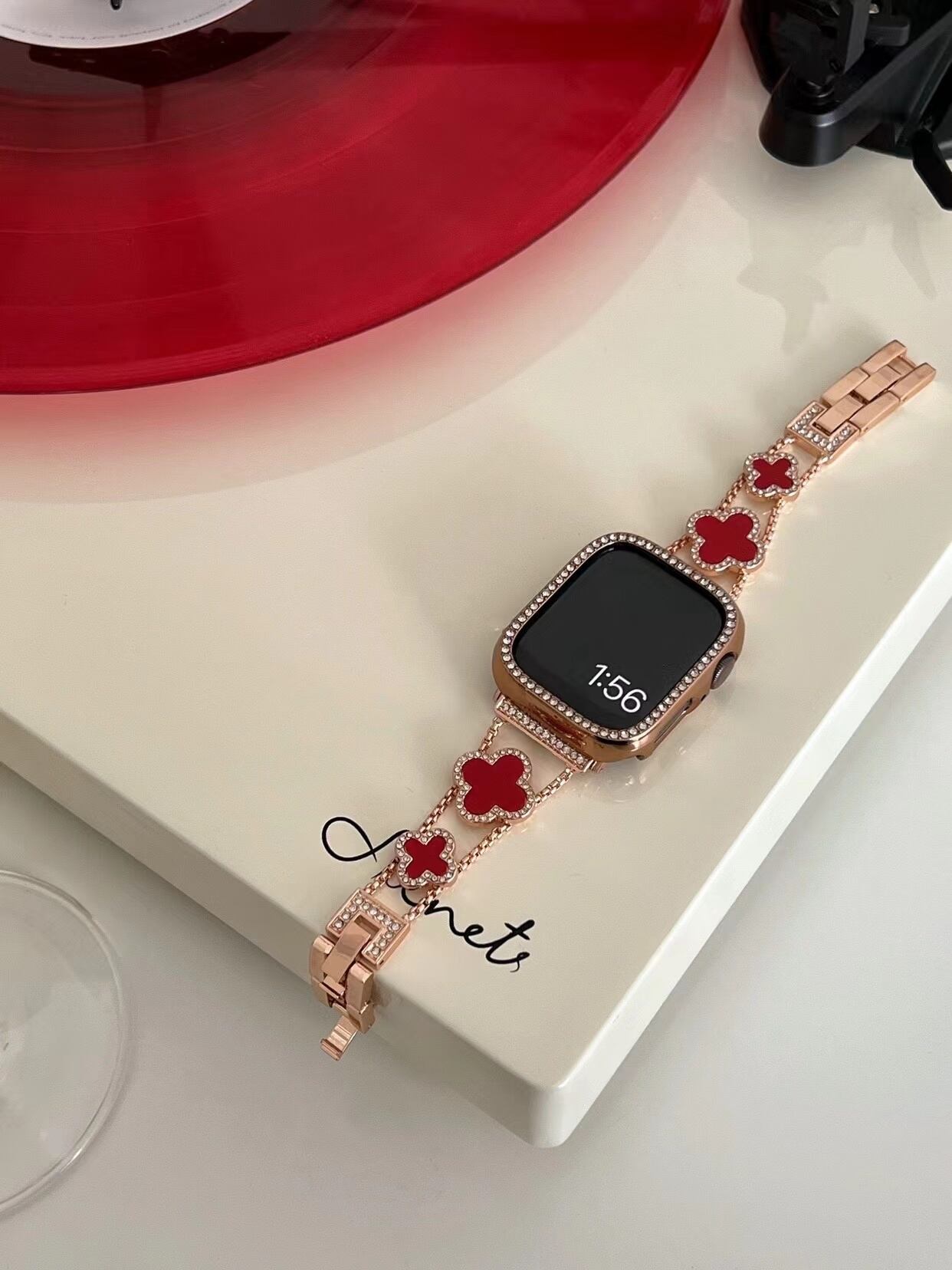 Rose Gold×Red Shining Clover Apple Watch Band キラキラクローバーApple Watchバンド R01249