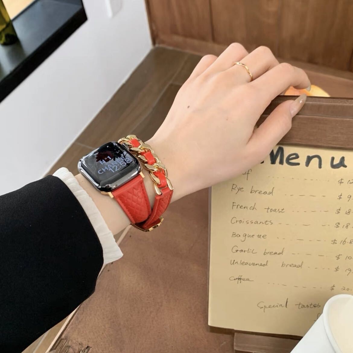 Long Chain Red Leather Apple Watch Band ロングチェーンレッドレザーApple Watchバンド R01327