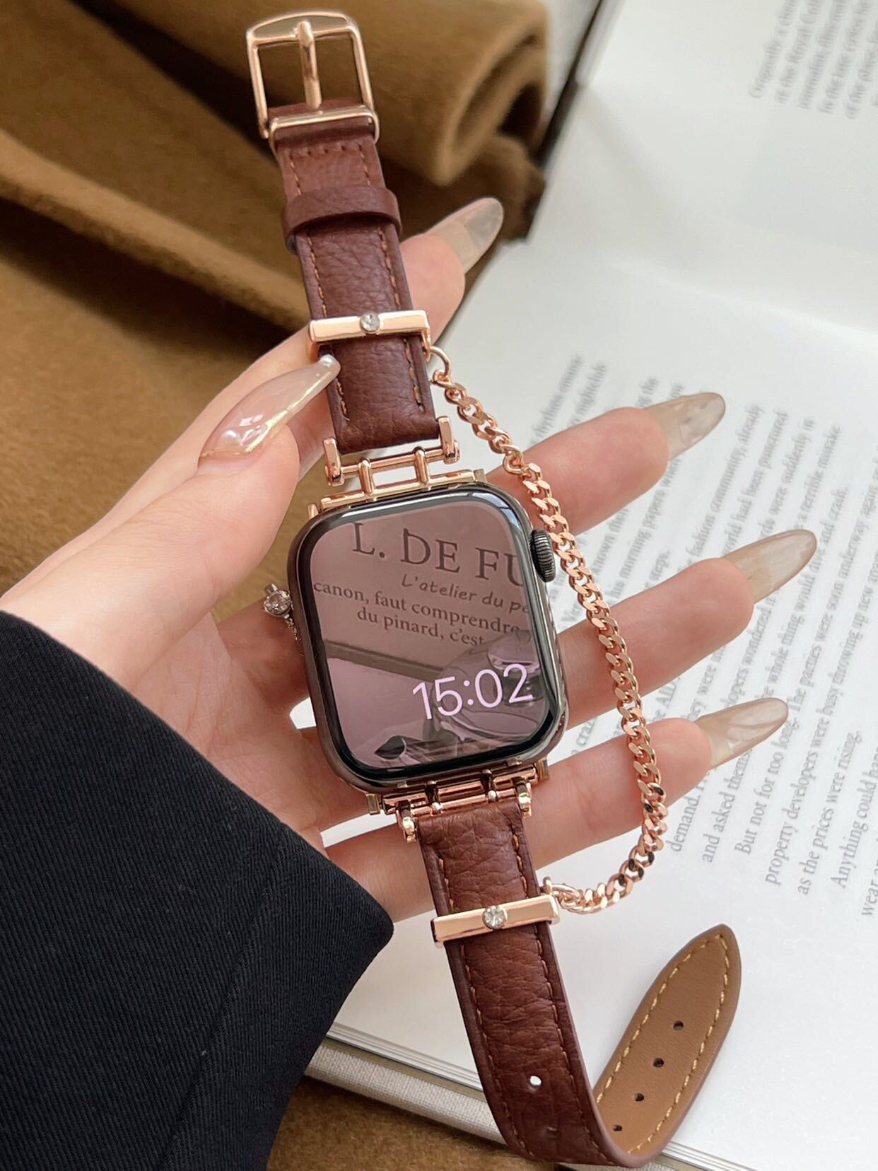 Leather & RoseGold Chain Apple Watch Band レザー&ローズゴールドチェーンApple Watchバンド R01288