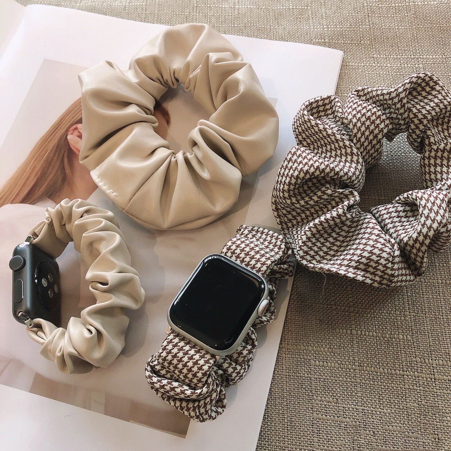 シュシュ風革と千鳥柄のApple Watch Band アップルウォッチバンド AWB0074