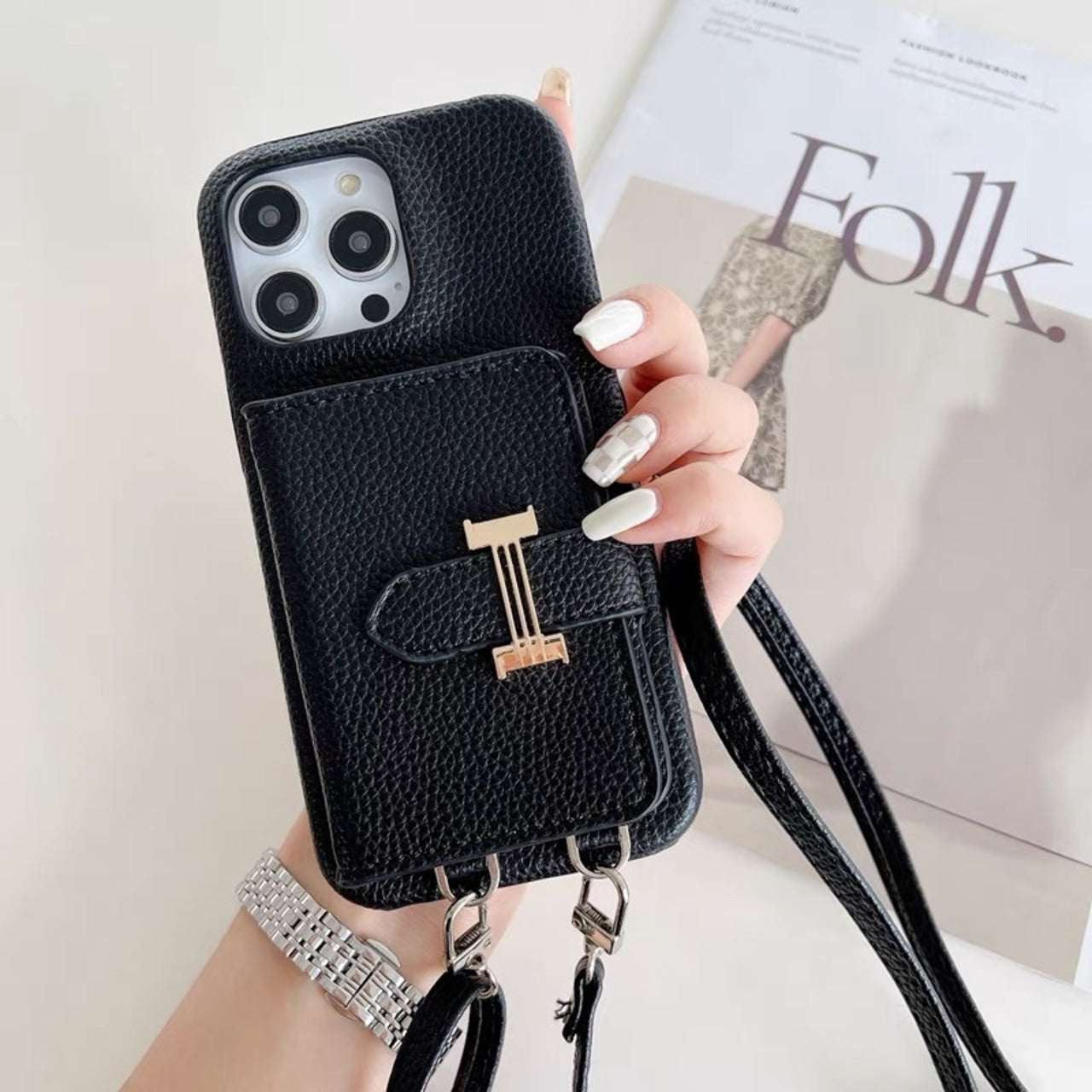 Leather Shoulder iPhone case with Strap Card Holder レザーショルダースマホケースとストラップカードホルダー　R01426