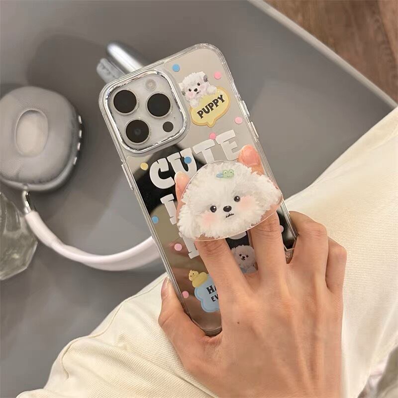 Cute Puppy stand with Mirror iPhone case 可愛い子犬スタンドとミラースマホケース　R01366