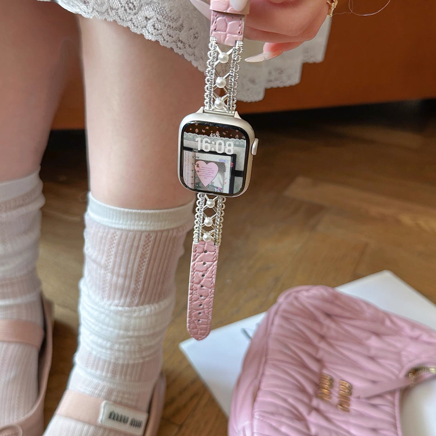 Ballet Lace Leather Style Apple Watch Band　 バレーレースとレザースタイルAppleWatchバンド　R02160
